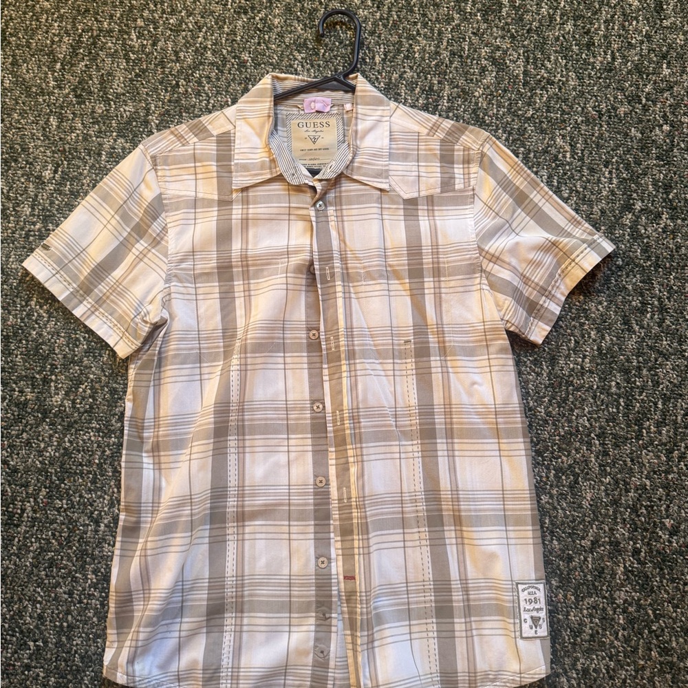 GUESS Men's Beige Plaid Button Down Shirt